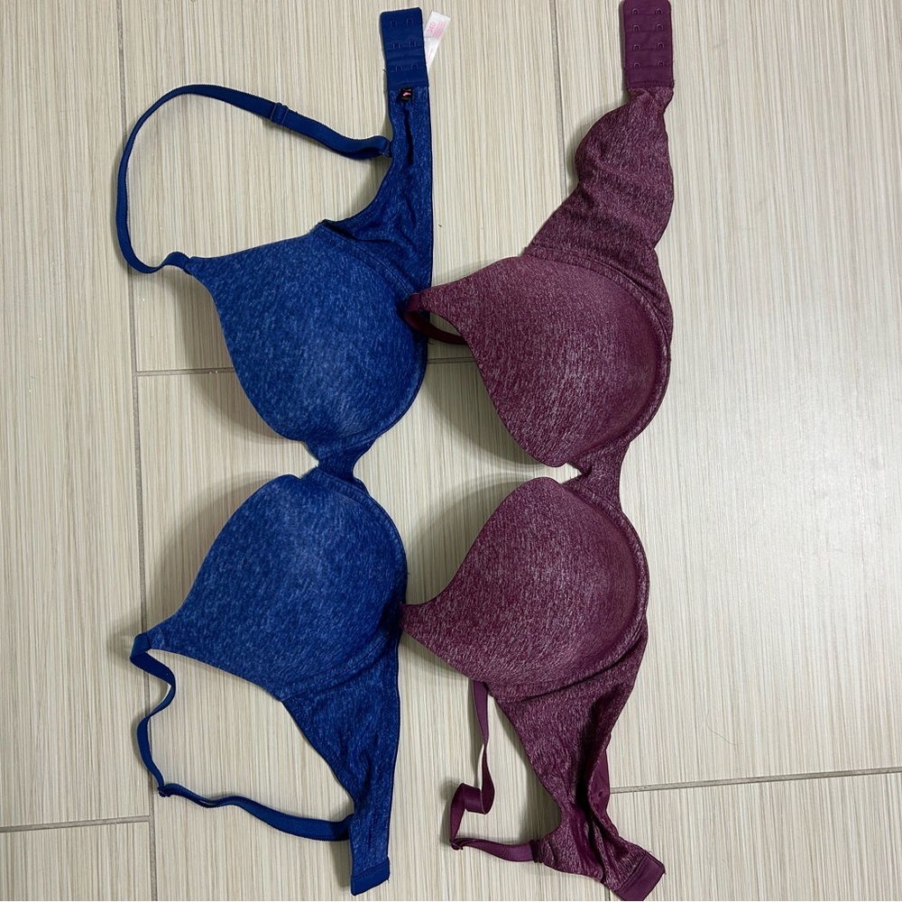 Two Victoria's Secret Bra: Tshirt PushUp, 34D Blue and Maroon